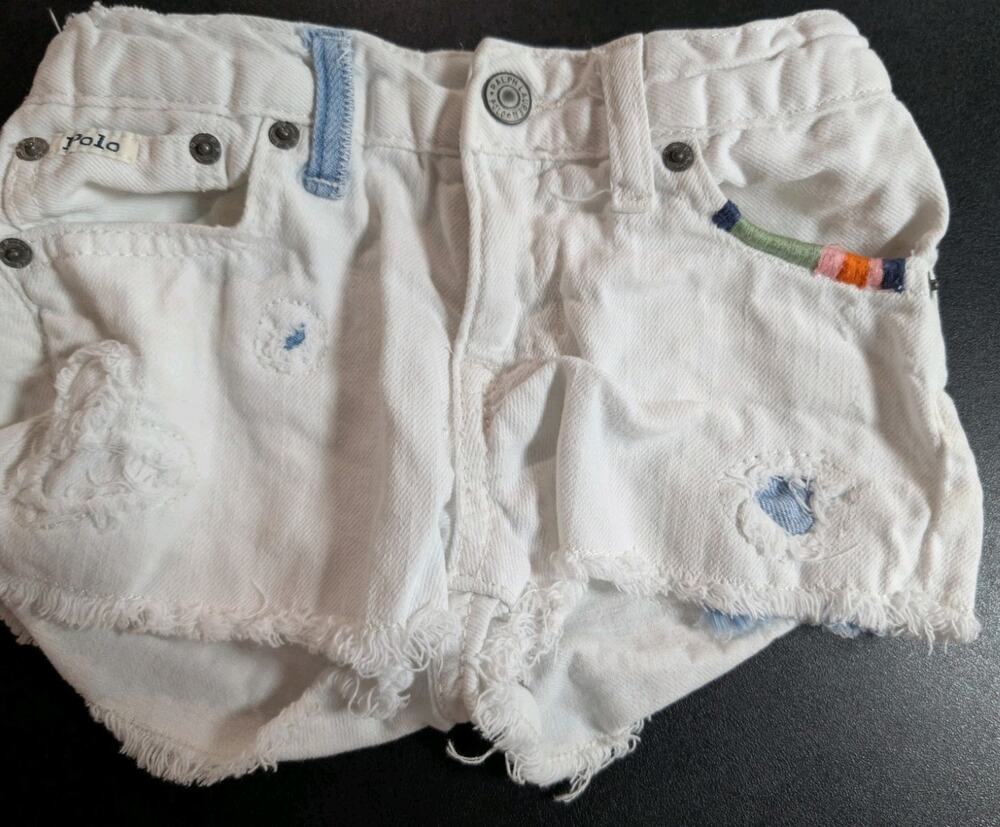 Polo Ralph Lauren Girl's Size 5 Embroidered Jean Shorts White Fringe Patch Boho